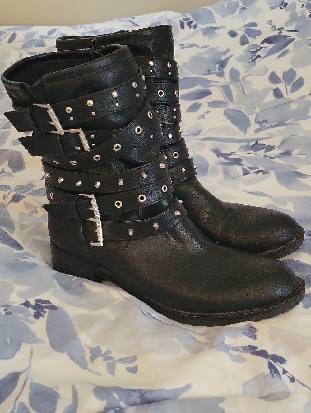 Black Studded Buckle Mid-Calf Boots - Women
